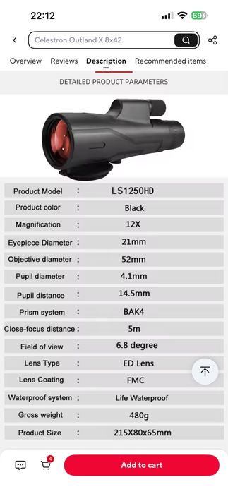 Telescop monocular  12x52,unghi larg,monoclu rezistent la ceață !