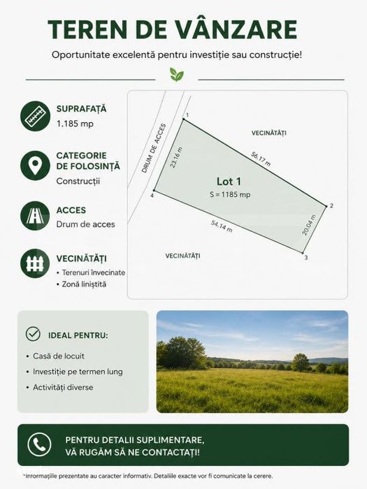 Teren ideal pentru investitie sau constructie, 1185 mp, plat! Somesul