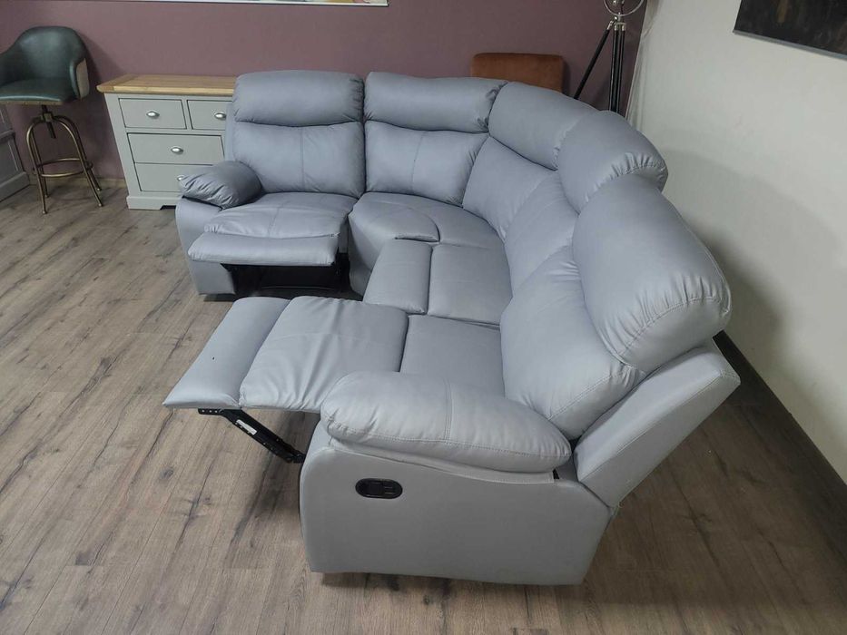 Сив кожен ъглов диван с релаксиращ механизъм от изкуствена кожа