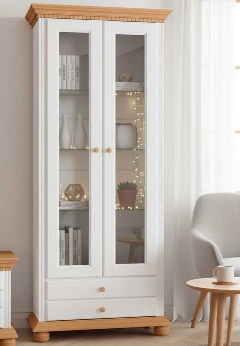 Vitrina din lemn masiv Romantica cu 2 usi cu sticla si 2 sertare