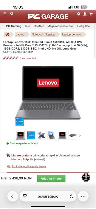 Laptop Lenovo 15.3'' IdeaPad Slim 3 15IRH10 / i5 13420H / 16 RAM / 1TB