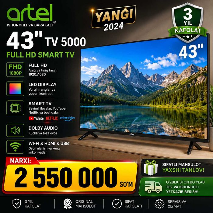ARTEL 43" TV 5000 Full HD Smart yangi  SHIVAKI dokomida pachka