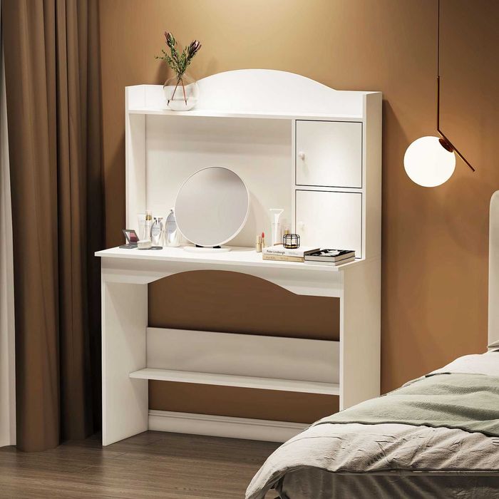 Тоалетка за грим с огледало, масичка за грим 2 шкафа с врати и 2 рафта