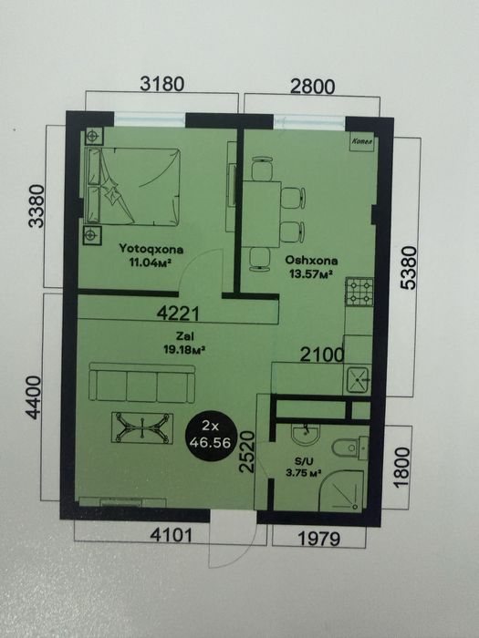 Aeraport orqasidan 2 xonalik kv sotiladi