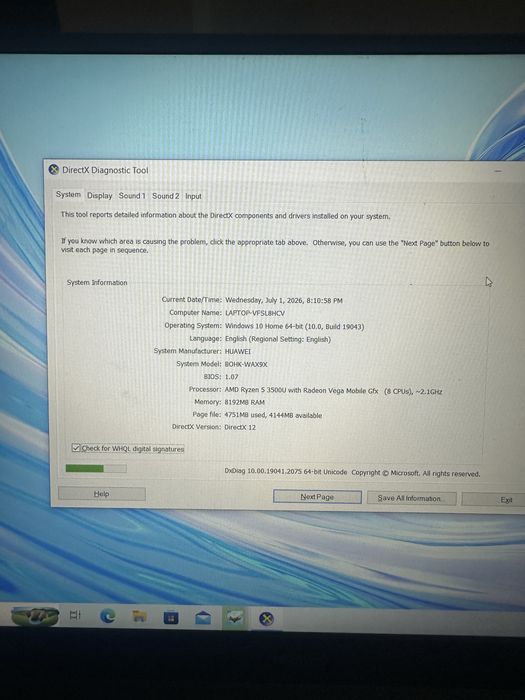 Huawei MateBook D15 – Ryzen 5 3500U / 8GB RAM / SSD 256GB