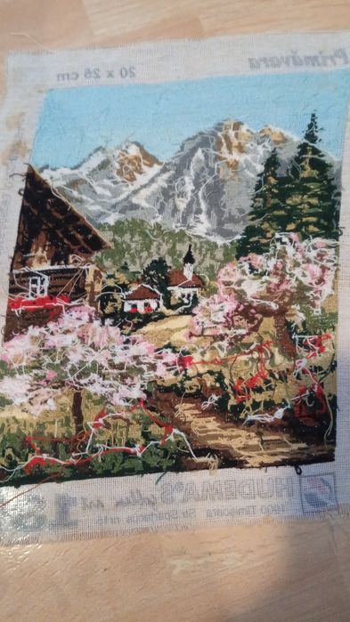 "Primavara"- peisaj munte, goblen Hudema's cusut manual punct cu punct