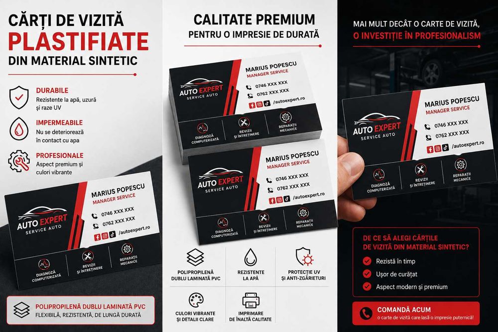 200 buc - Carti de vizita plastifiate personalizate, rezistente la apa si uzura, print color HD
