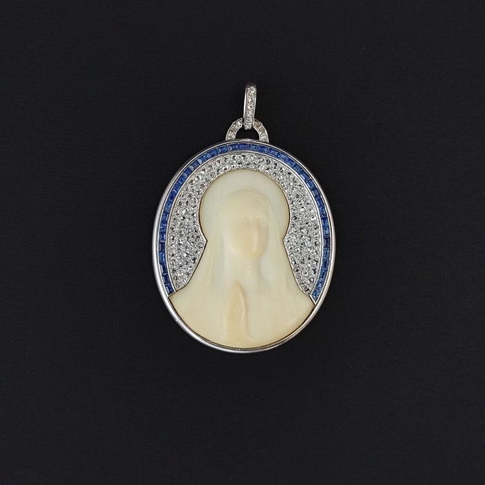 pandantiv antique cca 1900, platina, fildes, diamante, certif.