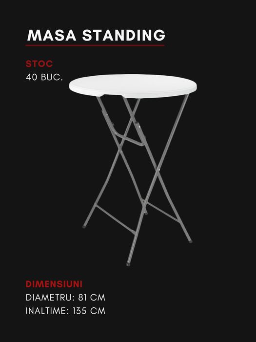 Inchiriez - Mese Standing/Cocktail, Canapele, Mese lounge, Bar mobil, Garderoba, Lumini, Umbrele, Drapaj, Ustensile - Logistica + Mobilier Evenimente