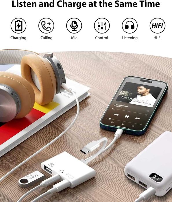 3-в-1 Lightning + USB C към Jack адаптер