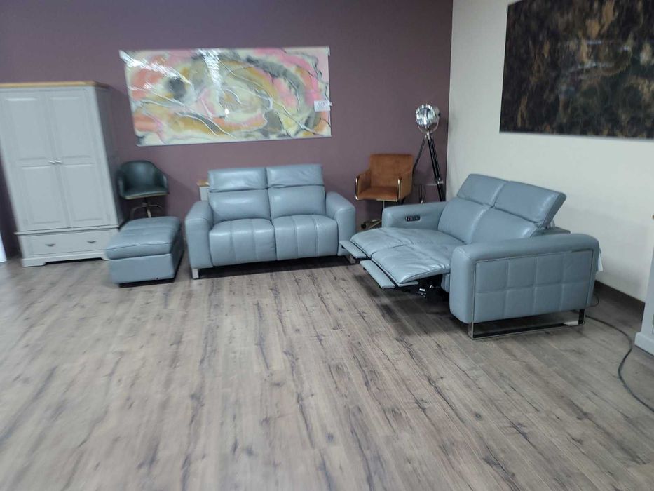 Сив кожен комплект дивани две двойки и табуретка