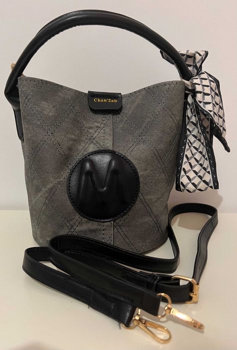 Дамска чанта сива с дълга и къса дръжки изкуствена кожа