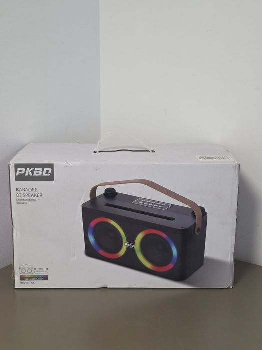 Boxa portabila karaoke cu bluetooth, 2 microfoane wireless incluse, lumini LED RGB, functie karaoke, sistem audio pentru petreceri si evenimente, NOUA