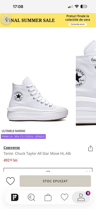 Tenisi  Converse Chuck Taylor All Star Move Hi Alb  mărimea 37, 259 lei Noi !!! Cadou!!!