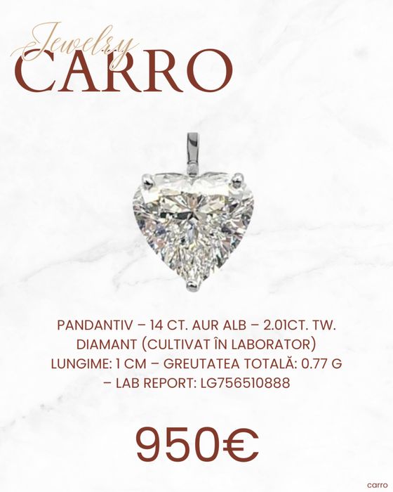 Pandantiv Inimioara Aur  Alb 14K Diamant Lab Grown