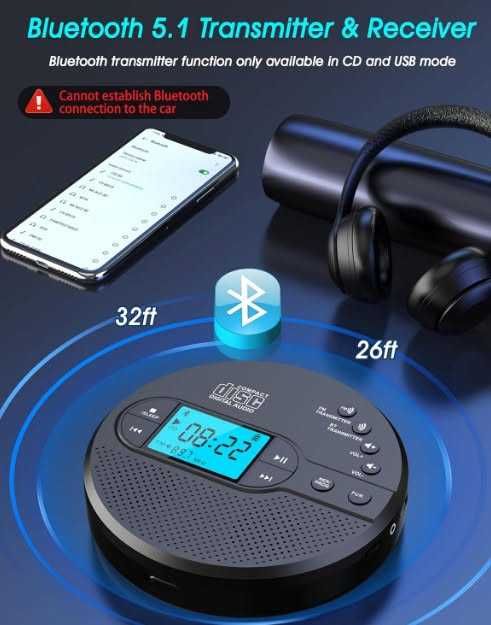 Преносим CD плейър Greadio CD-35 с Bluetooth, акумулаторна батерия 2000mAh