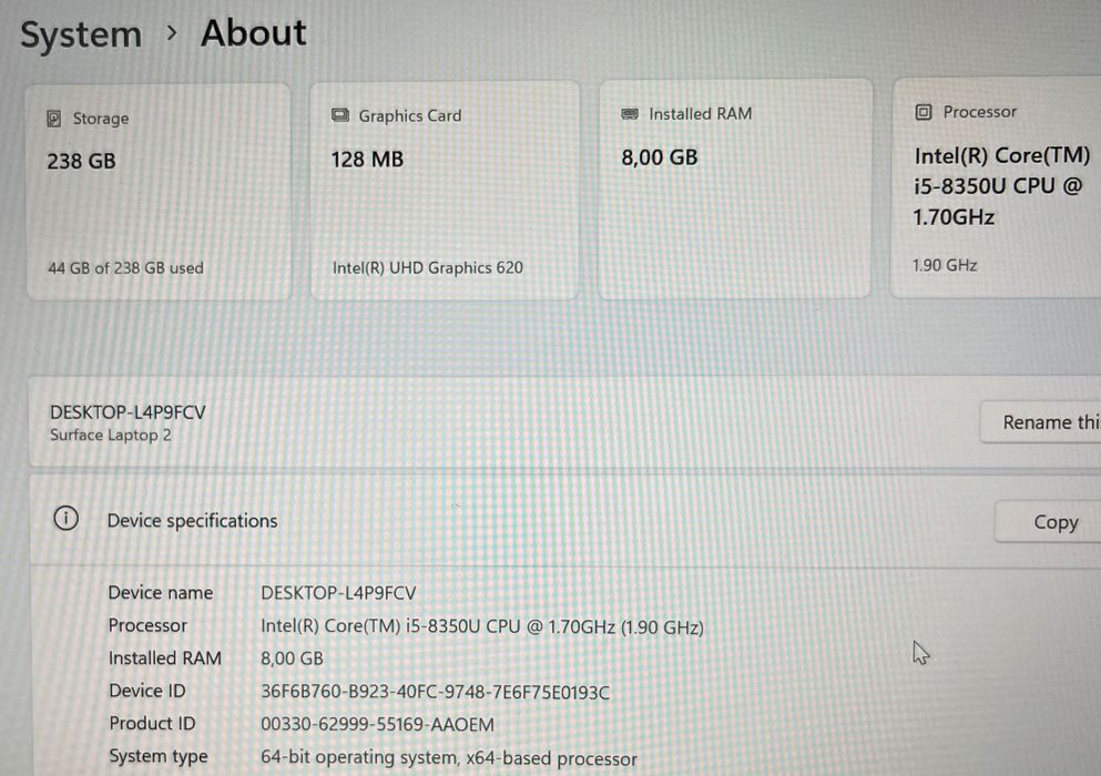 Microsoft laptop 2 i5-8350u 8gb 256gb 13.5" 2256x1504