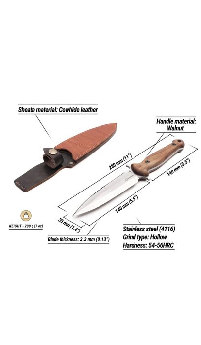 Cutit Tactic TLK2, Tais dublu, Teaca Piele, Maner Lemn, 28 cm