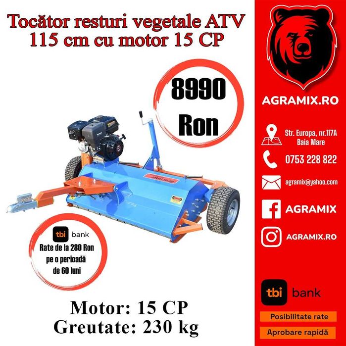 Tocatoare resturi vegetale ATV120 115cm motor 15CP tractabila Agramix