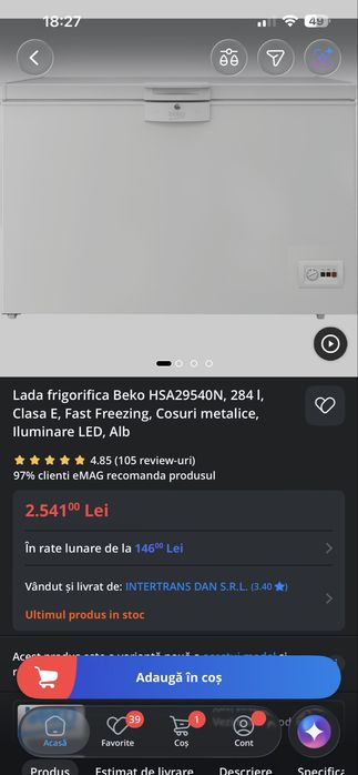 Lada frigorifica Beko noua,cu garantie 284 litri