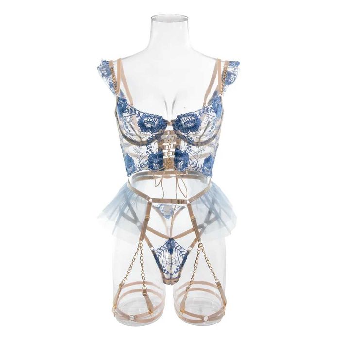 Lenjerie sexy corset bleu 4 piese noua marimea M cupa B
