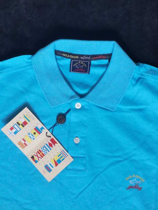 Tricou barbati maneca scurta alb turcoaz guler p&S