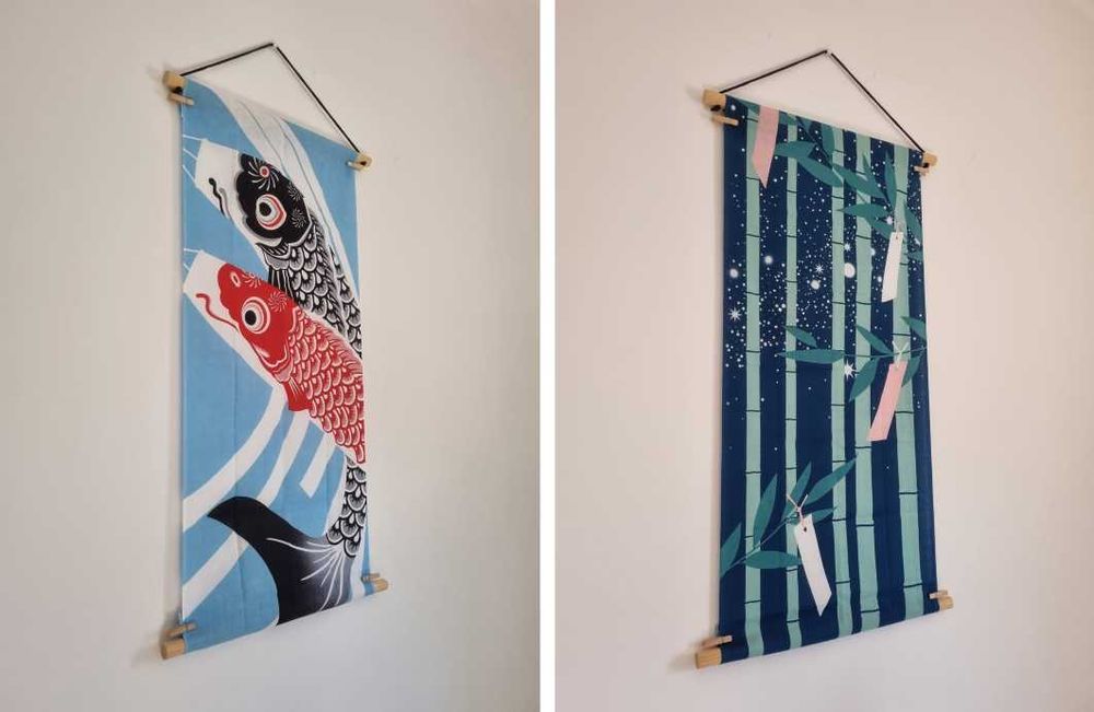 Tenugui - Decoratiune japoneza textila (Pesti koi norocosi + Bambus)