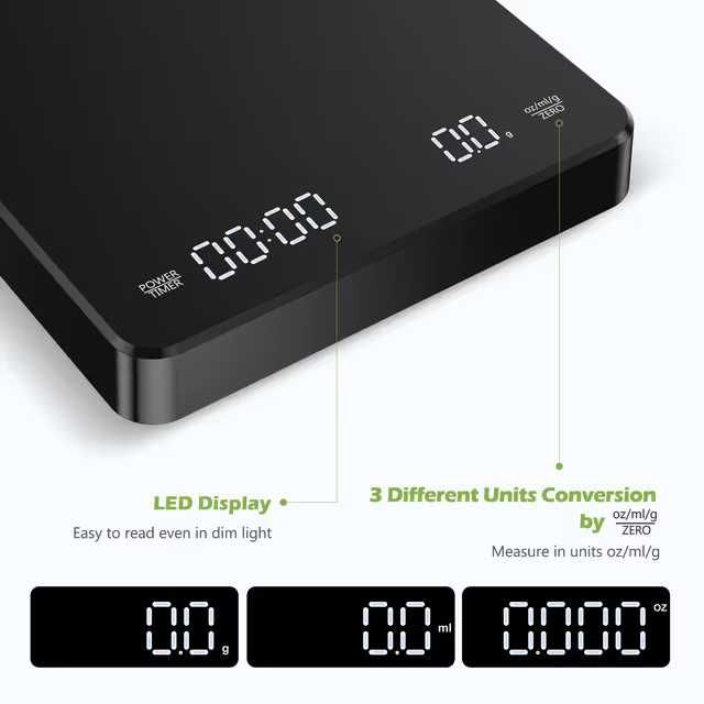 Cantar barista cu timer, 3 kg / 0.1 g, USB-C, pentru espresso si bucatarie