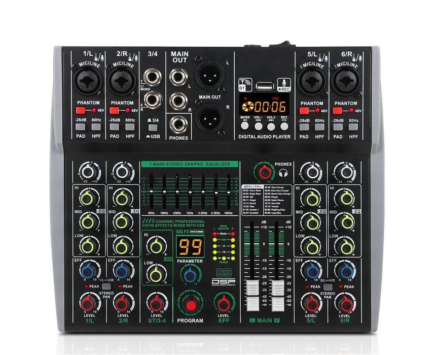 Pasiv mixer audio 6 canale AK6 Stereo canal 99 Efecte digitale DSP USB Bluetooth Egalizator 7 benzi
