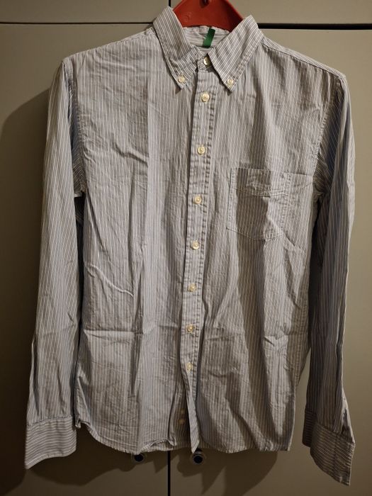 20% намаление - Памучна риза на райе Benetton, синьо, номер S,  без сл