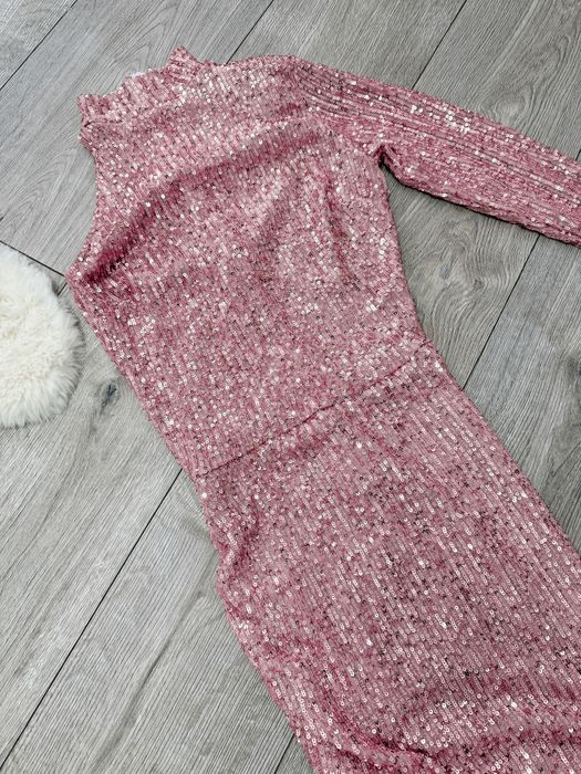 Rochie Misstio Roz cu paiete asimetrica de ocazie