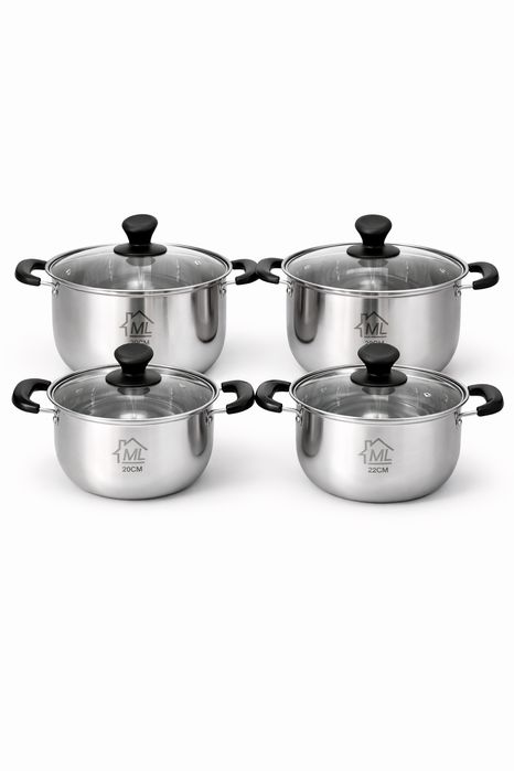 Set oale inox 8 piese cu capace din sticla, set vase gatit, inox alimentar, manere ergonomice