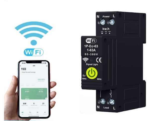 Tuya Wi-Fi предпазител бушон,  63A за DIN шина, електромер, защити