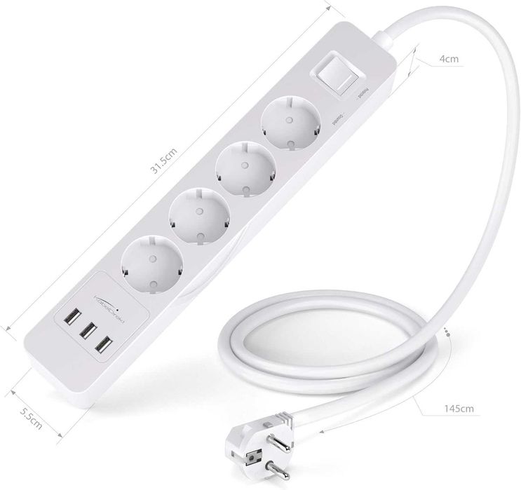 Разклонител KabelDirekt 4 гнезда, 3 x USB, GS, TUV, без пренапрежение