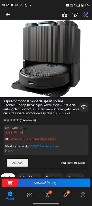 Aspirator robot si robot de spalat podele Cecotec Conga 11090 Spin Revolution – Statie de auto-golire, spalare si uscare mopuri, navigatie laser cu ul