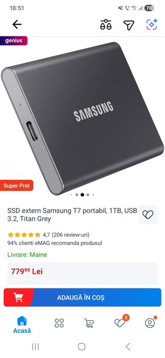 Vand SSD portabil Samsung T7 – 1TB – viteze foarte mari
