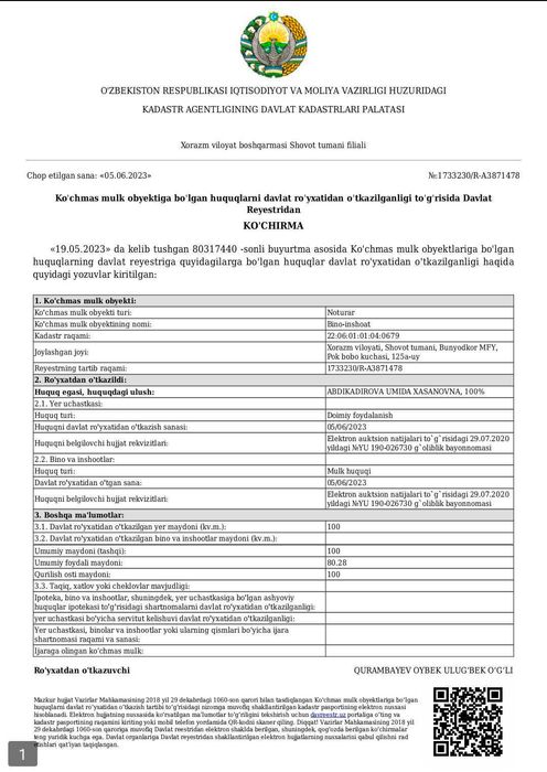 Noturar bino (avto tex, moyka, sex, va ustaxona uchun mos joy)