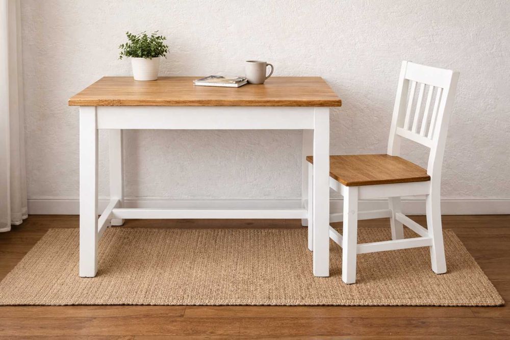 Masa+scaun lemn RECONDIȚIONATE – alb & LEMN Nature