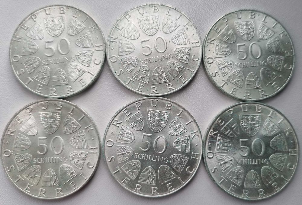 Lot 6 monede Austria 6 x 50 schilling silingi 1974 argint