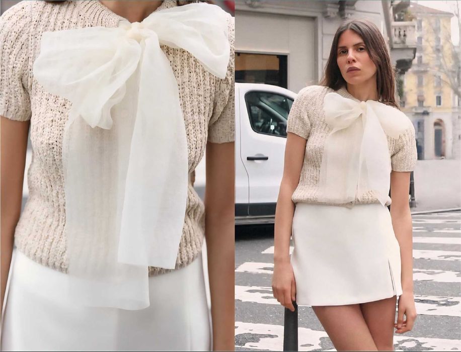 Нов трикотажен плетен топ с панделка от органза на Zara размер С