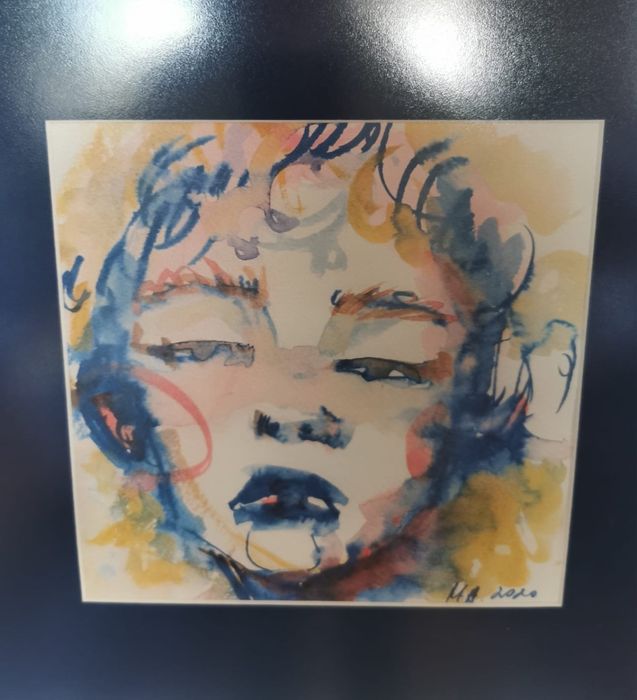 Антикварна картина акварел рамка паспарту авторска поп арт Мадона !