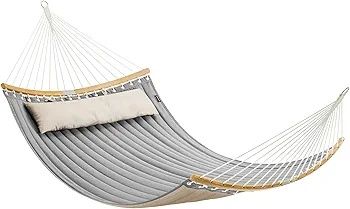 Hamac dublu căptușit SONGMICS GDC34CG cu bare curbate detașabile din bambus și pernă, material Oxford, 200 x 140 cm, încărcătură 225 kg, gri și bej
