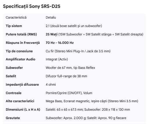 Sistem de boxe compact 2.1 Sony SRS-D25 putere 25W
