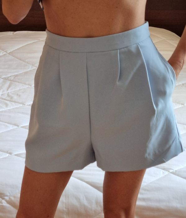 Къси панталонки XS/34 New Look сини елегантни висока талия цип  басти
