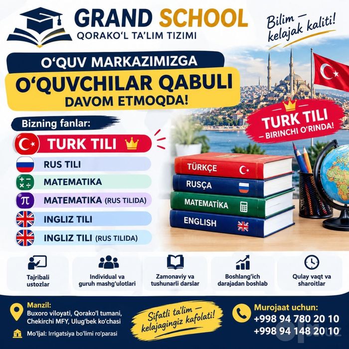 GRAND SCHOOL O’quv markazida qabul boshlandi.
