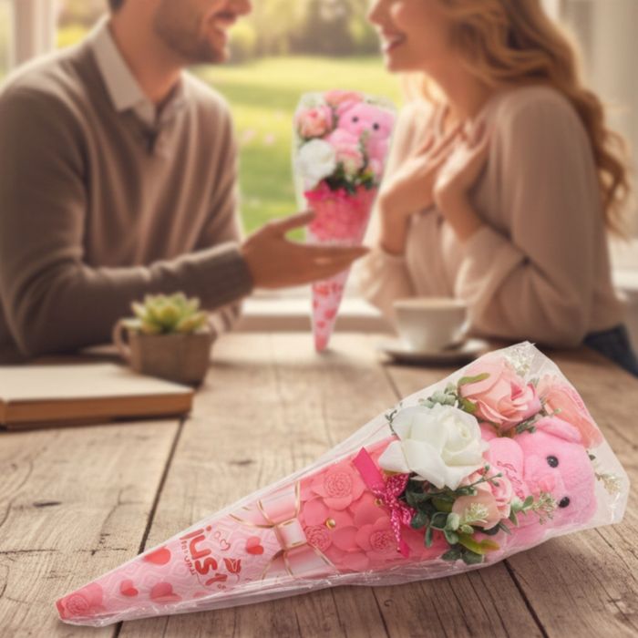 Букет с плюшено мече и цветя