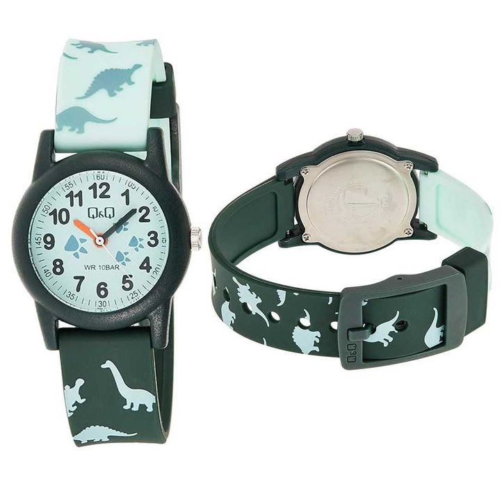 Детски Часовници Q&Q 10 BAR. Водоустойчив и Изключително Здрав Детски Часовник QQ.Динозавър Розов и Черен. Подарък за Първи Часовник на Момче и Момиче
