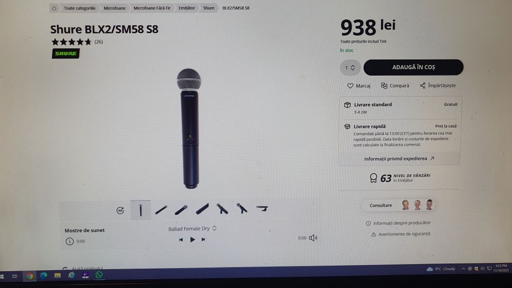 Microfon shure sm58 wireless receiver shure uc