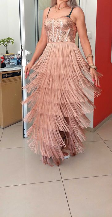 Официална дълга коктейлна  рокля с ресни