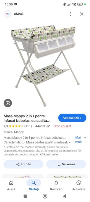 Măsuță de înfăsat pliabila cu salteluță și cădiță pt bebe mappy emag